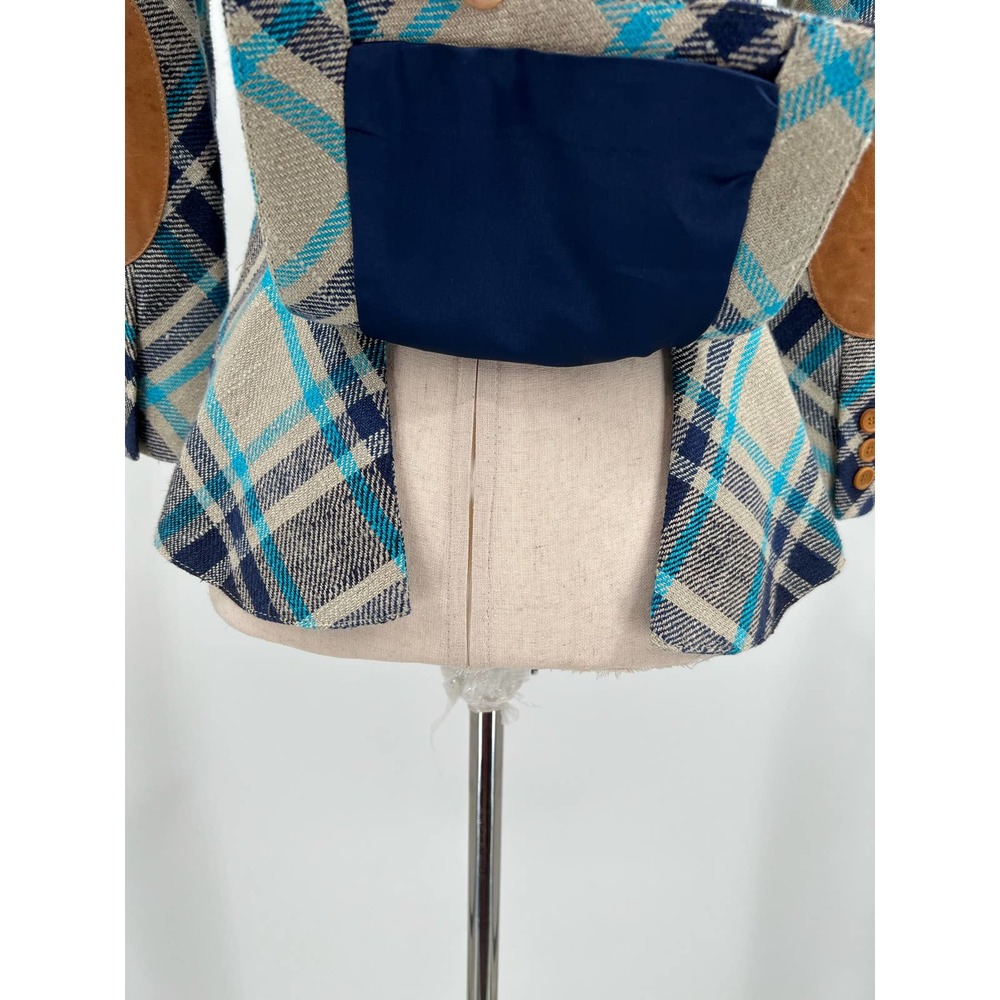 Smythe Plaid Blazer in Navy, Teal & Cream with Leather Elbow Patches - Picture 11 of 15